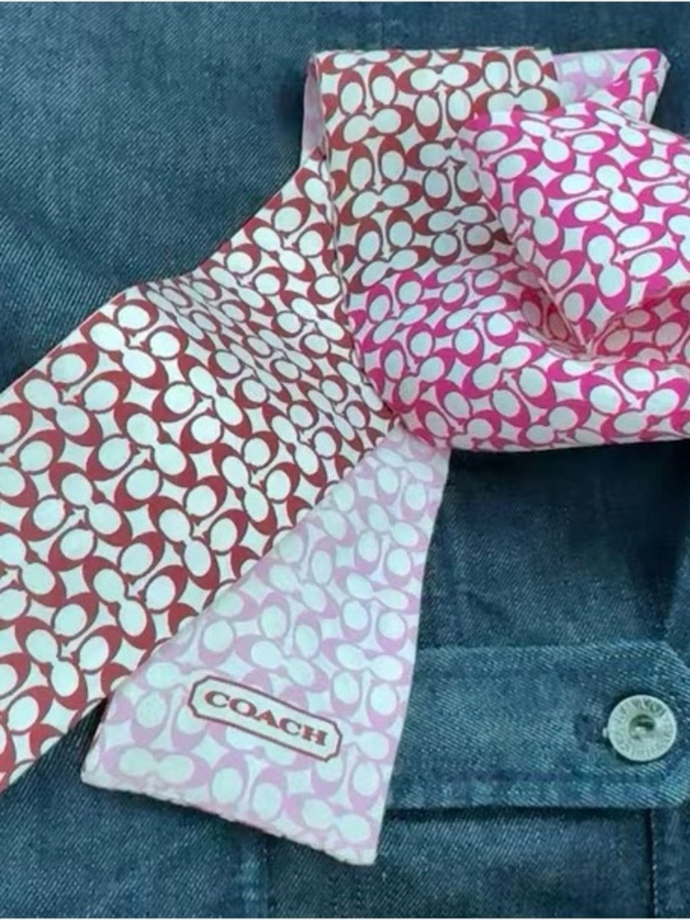 Coach Two-Tone Pink & Red Signature Pattern Silk Scarf early 2000’s